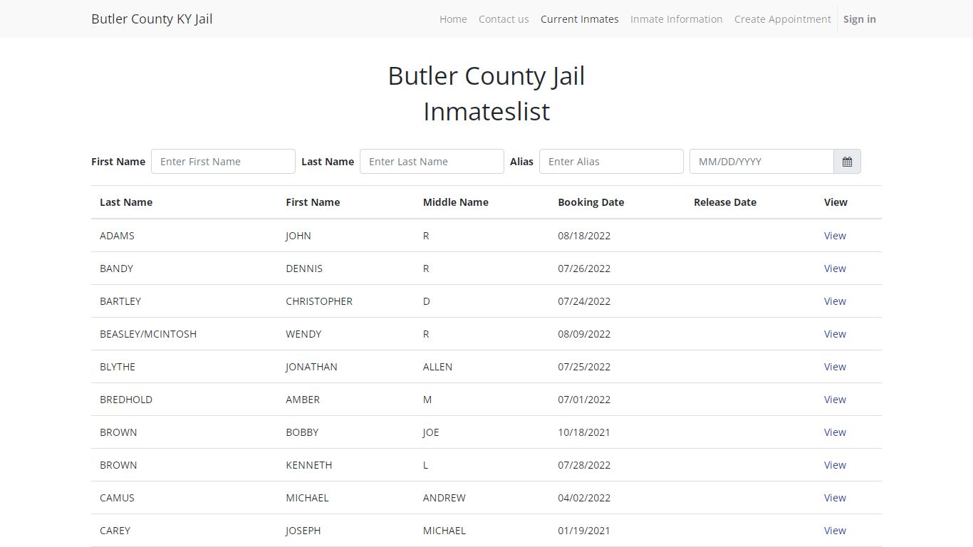 Inmates list | Butler County KY Jail